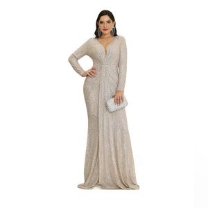 | Long Sleeve Backless Sequin Wedding Guest Dress | Silver|